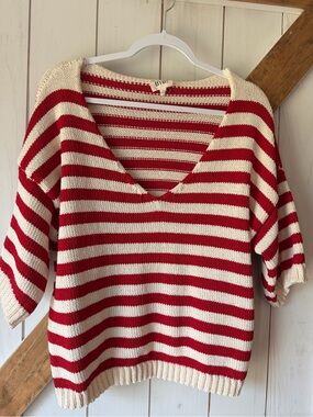 Bibi Striped V-Neck Knit Sweater in Red and Cream
